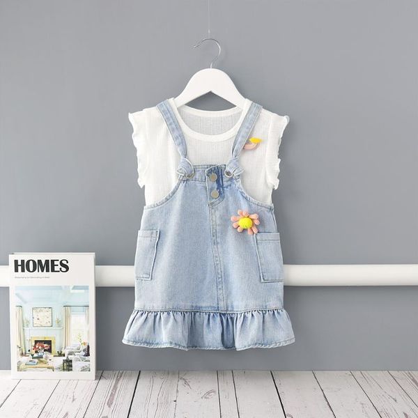 

clothing sets midoo fairy 2021 summer girls kids children's set cute floral brooch sleeveless vest + denim suspender skirt casual cloth, White