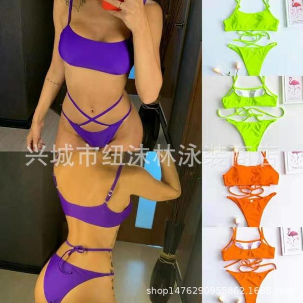 

women's swimwear bikinis women swimsuit color long rope split neck maillot de bain femme, White;black
