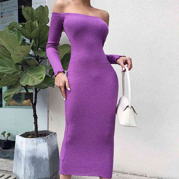 Frauen Off Shoulder Gestrickte Maxi Kleid Frühling Volle Hülse Eine Schulter Sexy Solide Temperament Damen Vielseitige One Step Kleider 210422