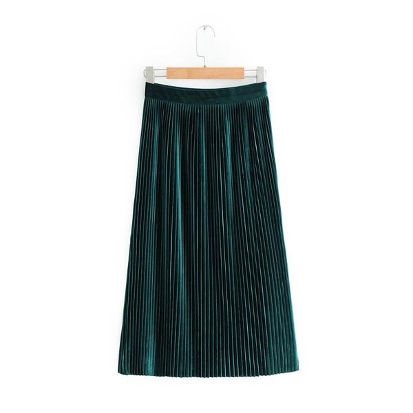 

skirts women pleated velvet knee length empire solid casual drop sml green 18dec side invisiable zipper, Black