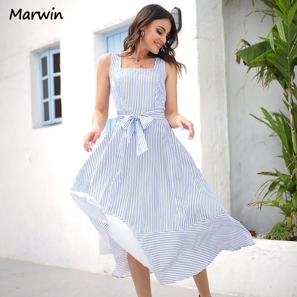 

casual dresses marwin simple long sleeveless striped printed women dress with belt highwaist street style mid-calf length summer, Black;gray