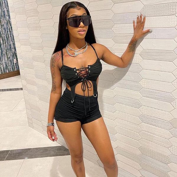 

women's tracksuits fmzxg summer black 2 two piece sets women outfits 2021 cami straps backless ruched shorts suits skinny matching, Gray