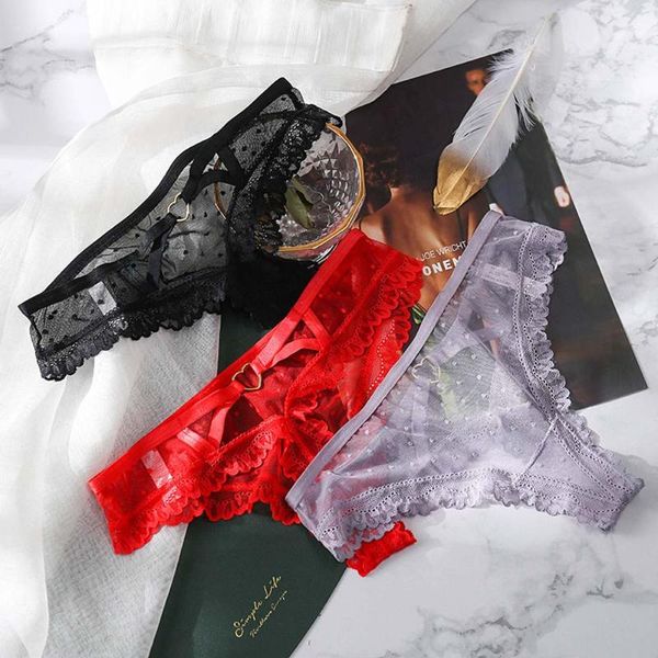 

women's panties briefs bandage thong lace mesh low-waist seamless cotton crotch solid color g string underpants female underwear, Black;pink