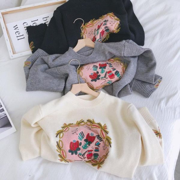 

women's sweaters retro embroidery sweater women autumn and winter wear korean version of the 2021 ladies knitted jacket thick m4025, White;black