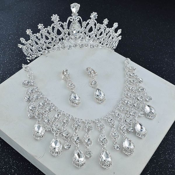 

jewelry vintage crystal silver bridal crown necklace earring sets women jewelry wedding accessories set, White