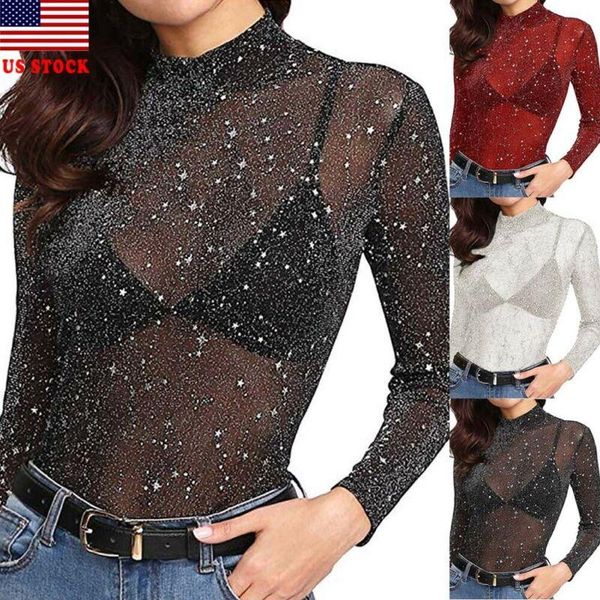 

women's blouses & shirts women blouse sparkle mesh sheer see-through long sleeve solid autumn winter casual glitter shirt, White