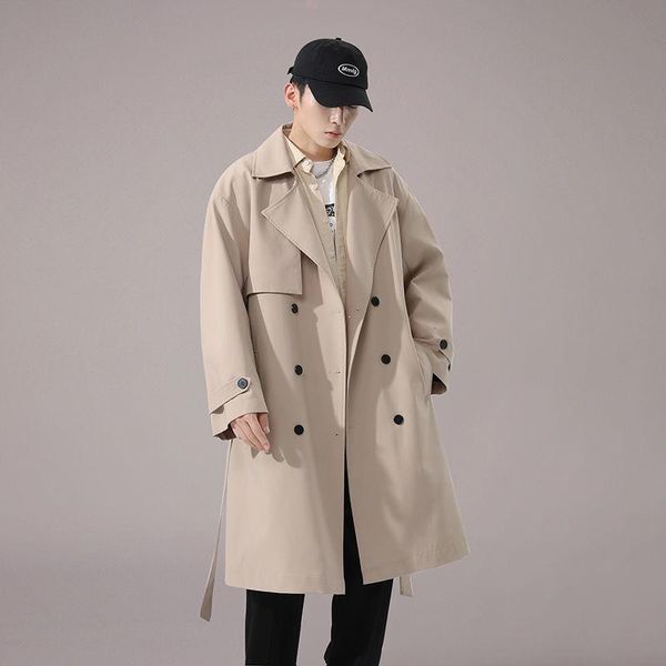 

men's trench coats windbreaker coat autumn fashion korean casual versatile black khaki medium length jacket couples college rushed, Tan;black