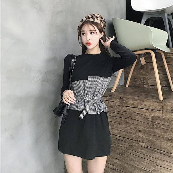 

women's two piece pants 2 pieces set fashion autumn ladies temperament long shirt and plaid wide belt elegant bouncy sweet trend women, White