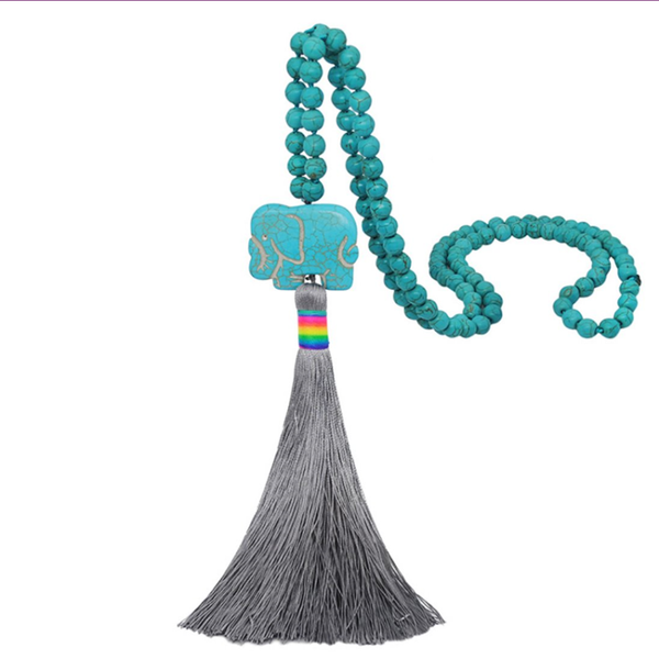 

pendant necklaces handmade weave elephant shape green turquoises long beads chain necklace with tassels jewelry, Silver
