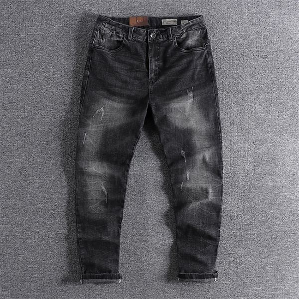 

washed black gray worn cat beard jeans men's versatile slim pants, Blue