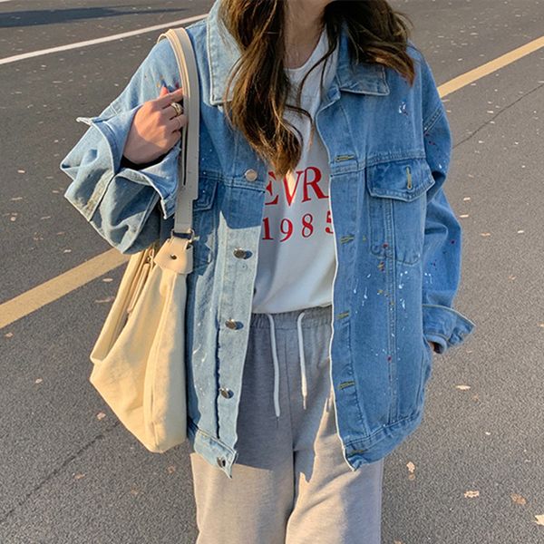 

spring autumn women's denim jackets splash ink wild streetwear oversize fashionable lady jeans 210427, Black;brown