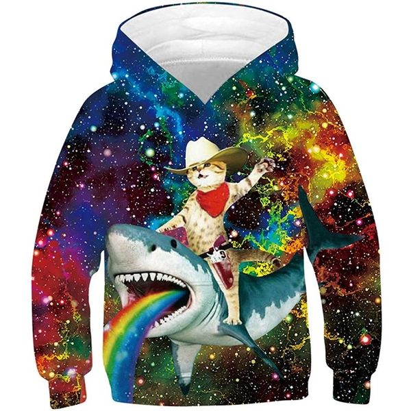 

rainbow shark pattern comfortable men and women novelty hoodie 3d printing pullover hooded sweater with pocket 100-160, Black