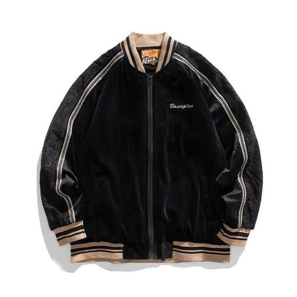 

trendy contrast men's trendy golden velvet trimmed jacket street patchwork baseball jacket, Black;brown
