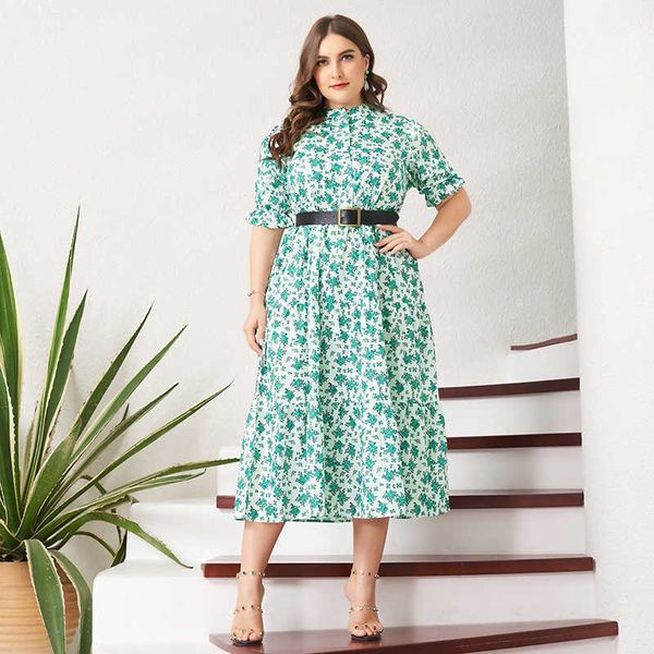 

casual dresses mai&fun summer women plus size midi es holiday style green floral print latern sleeve belted white sweet kqqq, Black;gray