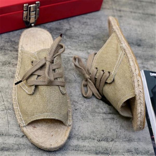 

slippers men's summer cross-tied canvas flat breathable linen sole casual sandals soft comfortable non-slip flip flops, Black