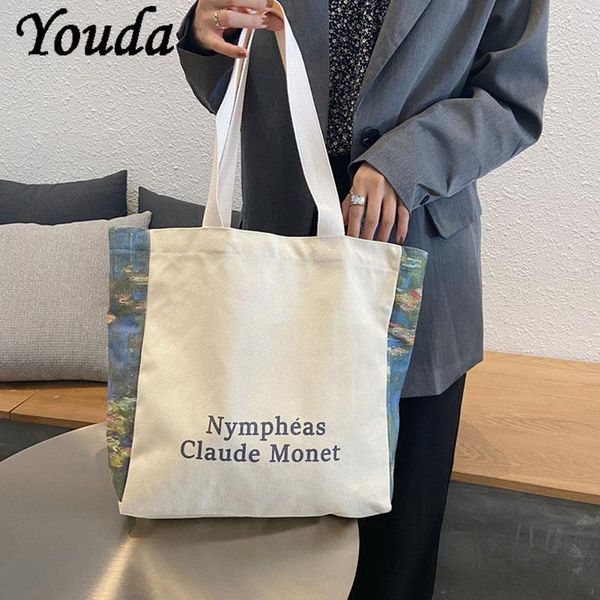 

evening bags youda women canvas shoulder bag print water lily daily shopping students bookbag cotton cloth handbags large tote for girls