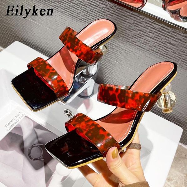 

summer square toe ladies slippers pvc transparent crystal strange style clear heel women leopard grain slides, Black