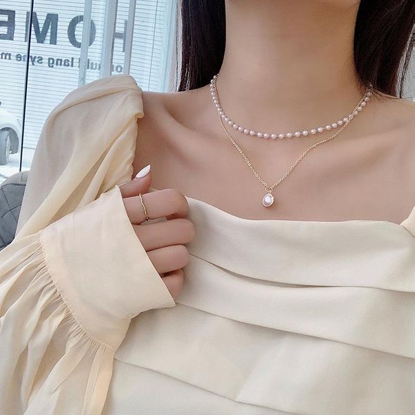 

pendant necklaces fashion pearl for women necklace cute double chain lady elegant jewelry girls clavicle gifts, Silver