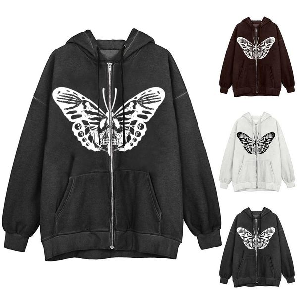 

women's hoodies & sweatshirts kawaii butterfly graphic cotton black y2k oversized women zip up long sleeve streetwear gray autumn