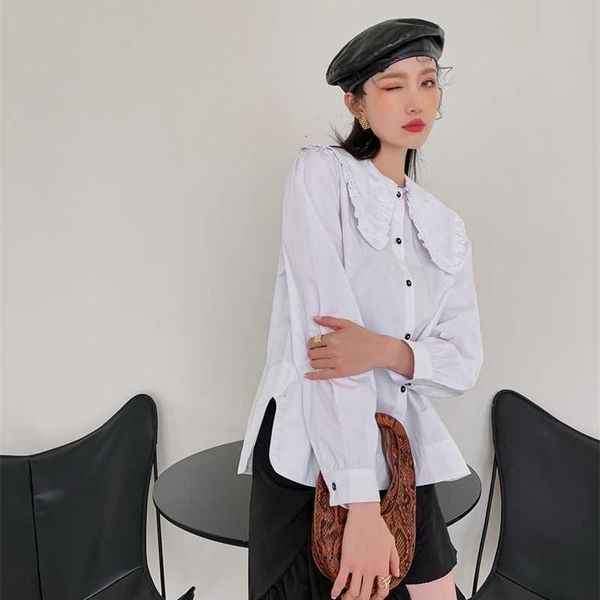 

women's two piece pants white peter pan collar long sleeve collared shirt korean blouse black button up casual sprin 3mbf