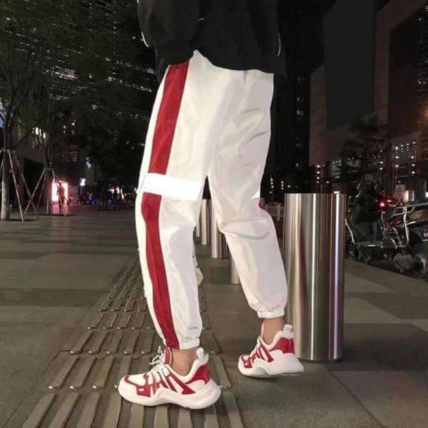 

men's pants sports casual reflective side stripes waist drawstring hip hop versatile daily streetwear, Black
