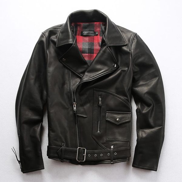 

men's leather & faux italy 2021 cow jacket men slim fit belt zipper motorcycle japanese fashion black biker coat for male