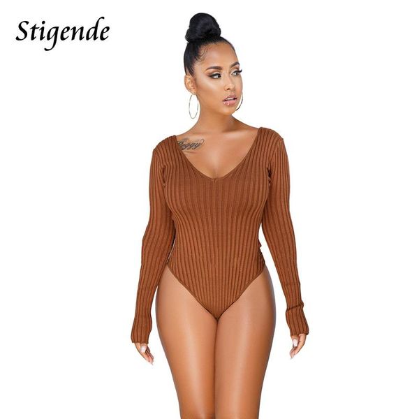

stigende women bodycon v neck bodysuit stretch long sleeve party playsuit solid ribbed skinny romper women's jumpsuits & rompers, Black;white