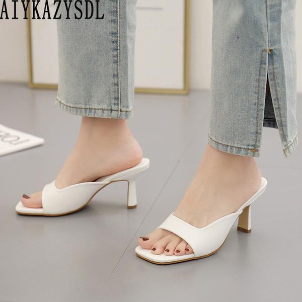 

dress shoes aiykazysdl women square toe sandals high heel outside slides mules female summer ol plus size 41 42 purple white, Black