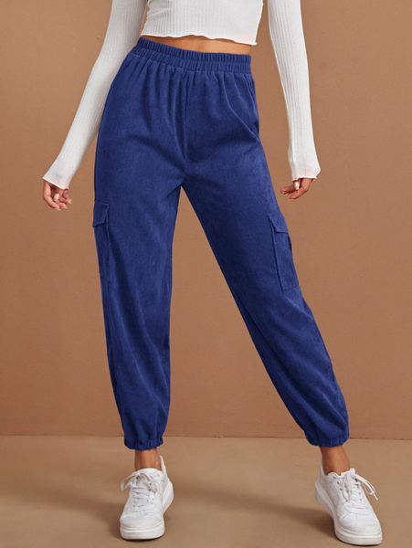 

elastic waist pocket side corduroy pants e1hy#, Black;white