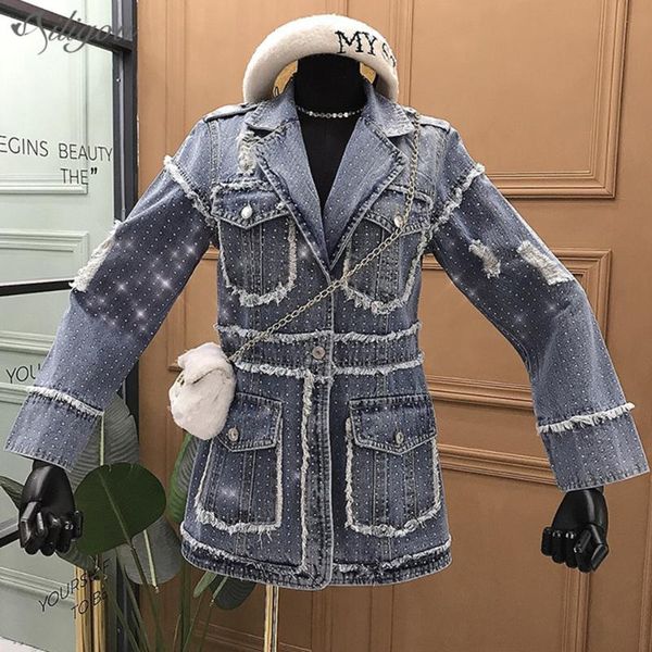 

women's jackets ailigou 2021 fashion v-neck street clothing hand-worn sparkling rhinestone denim jacket ladies coat, Black;brown