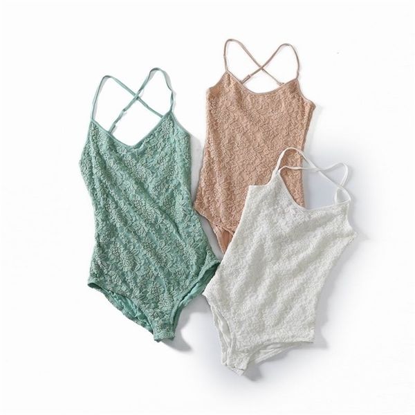 

women spring summer rompers see though lace bodysuit ladies playsuits pink sleeveless v neck cute overalls catsuits 210527, Black;white