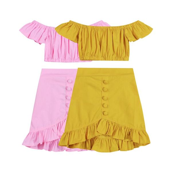 

clothing sets infant baby girls solid 2pcs outfits off shoulder short sleeve crop + ruffle button skirt summer children outwear clothes, White