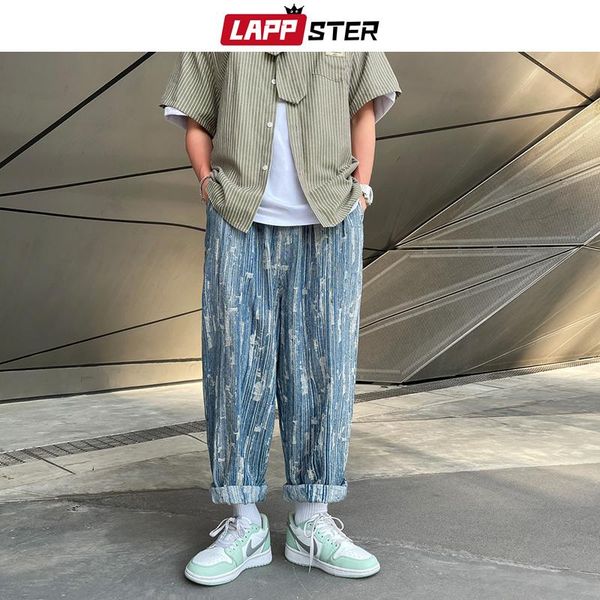 

men's jeans lappster men baggy low rise harajuku pants 2021 mens y2k wide leg denim trouser man causal japanese streetwear jean jogger, Blue