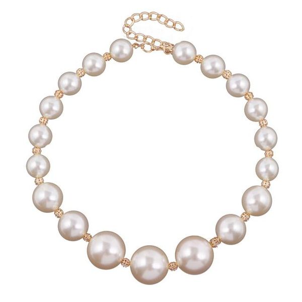 

luxury female white big pearl choker necklaces for women fashion gold color metal hollow ball beads necklace party wedding jewelry gift, Golden;silver
