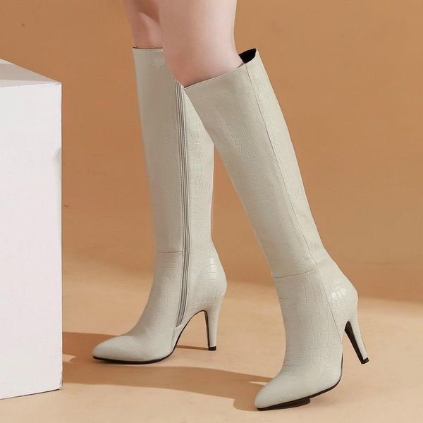 

boots 2021 winter fashion knee high women stone print thin heel long pointed toe autumn lady shoes black