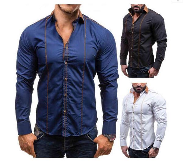 

mens solid color slim long sleeved shirts spring autumn single breasted fit t-shirt male fashion black white blue shirts male wear, White;black