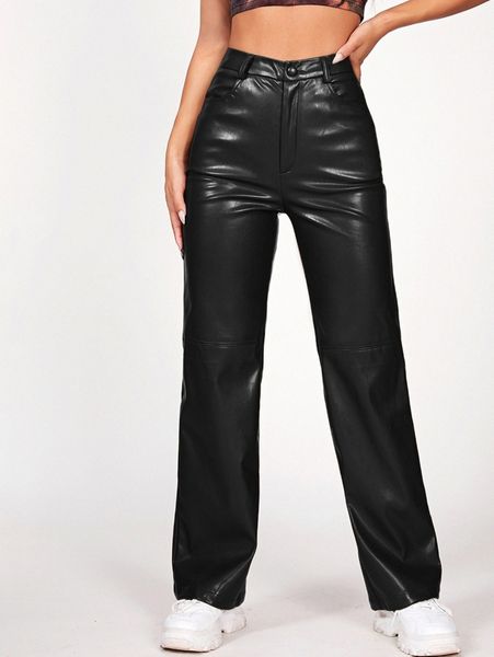 

petite solid pu leather straight leg pants l480#, Black;white