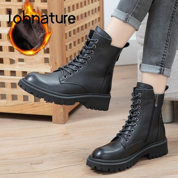 

boots johnature winter 2021 shoes women genuine leather zip round toe sewing lace-up handmade vintage leisure platform, Black