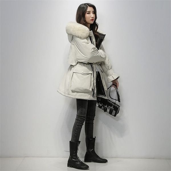 

fitaylor large natural fur hooded winter jacket women 90% white duck down thick parkas warm sash tie up snow coat, Black