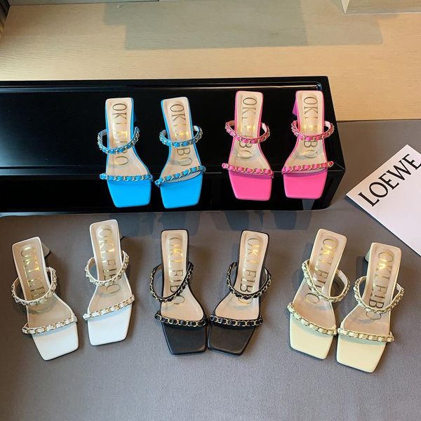 

fashion women sandals slippers open toe metal chain roman style square gladiator slides thick high heels pumps 35-39, Black