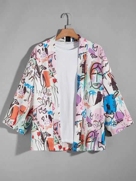 

men graffiti print kimono g0ul#, White;black