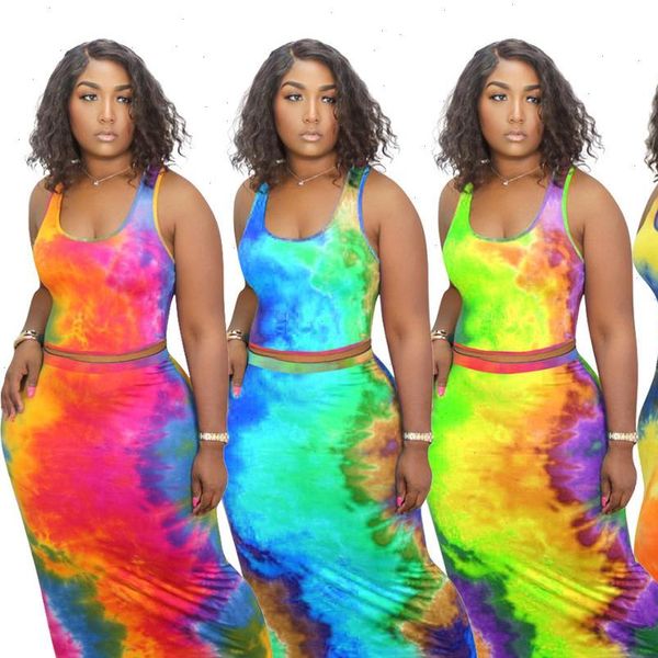 

tie dye print sleeveless tank women tracksuits bodycon midi maxi skirt suit two piece set streetwear tracksuit matching, Gray
