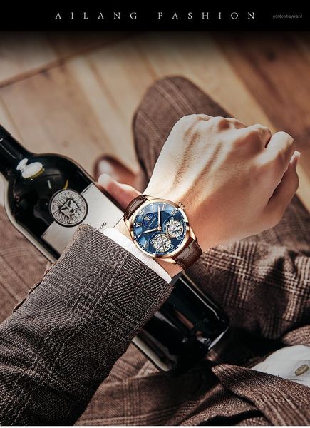 

double flywheel men's watch automatic mechanical fashion casual business original design ailang brand wristwatches, Slivery;brown
