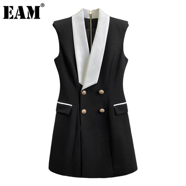 

casual dresses [eam] women black contrast color temperament dress v-neck sleeveless loose fit fashion tide spring autumn 2021 1da181, Black;gray