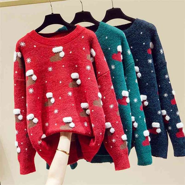 

winter pullover women sweaters chic loose print christmas sweater jumpers female o neck casual knitwear pull femme 210514, White;black