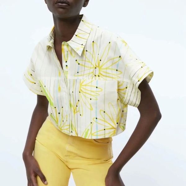 

women short sleeve poacket flower shirts crop turn down collar loose blouse sweet preppy style 210525, White