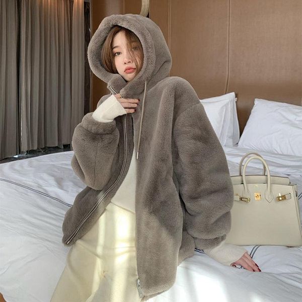 

women's fur & faux women 2021 winter thick warm plush jacket coats female hooded imitate rex outwear lady casual overcoats c656, Black