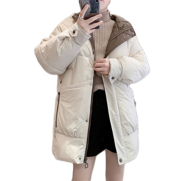 Cappotto in piumino di cotone Donna Sciolto spesso Inverno Moda coreana Parka con cappuccio Beige Nero Oversize Warm Jacket Feminina LR992 210531