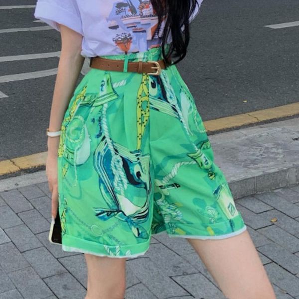 

women's shorts [ewq] women korea chic trendy summer fashion casual button printed pocket loose all match green belt 2021, White;black