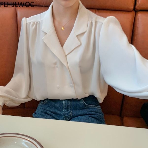 

women's blouses & shirts korea chic blusas women fashion long sleeve casual loose solid color double breated button white wvr